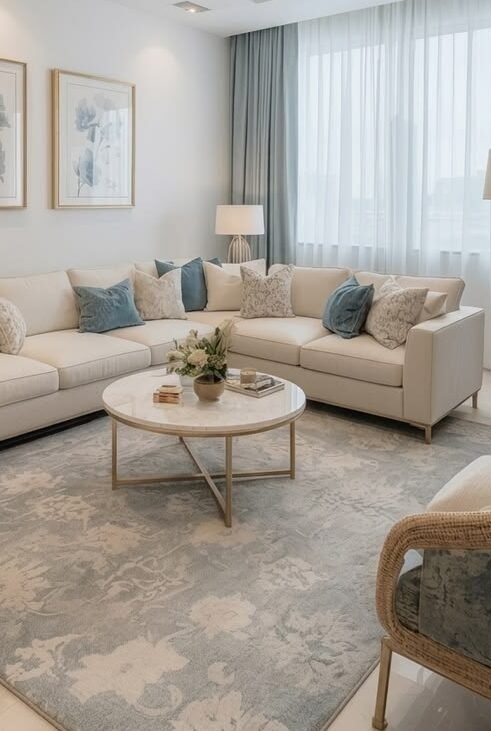 Sky Blue and White living room interior design